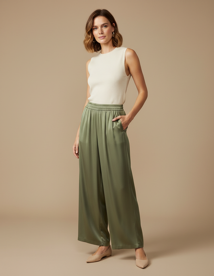 Pantalon Fluide Vert Ample Satiné Élégant Femme - Kaki