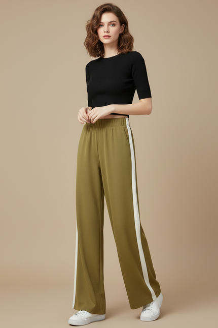 Pantalon Fluide Vert Militaire Ample Rayures Blanches - Kaki Maille