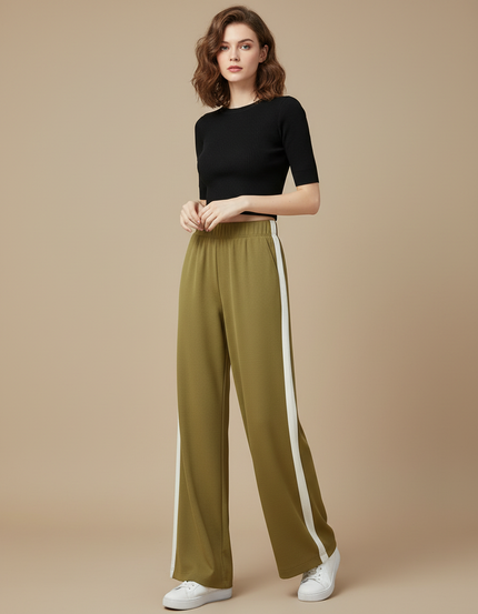 Pantalon Fluide Vert Militaire Ample Rayures Blanches - Kaki Maille