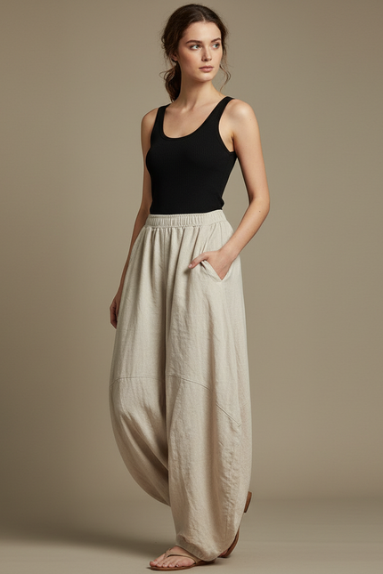Pantalon Fluide Beige Coton Lin Ample Décontracté Yoga