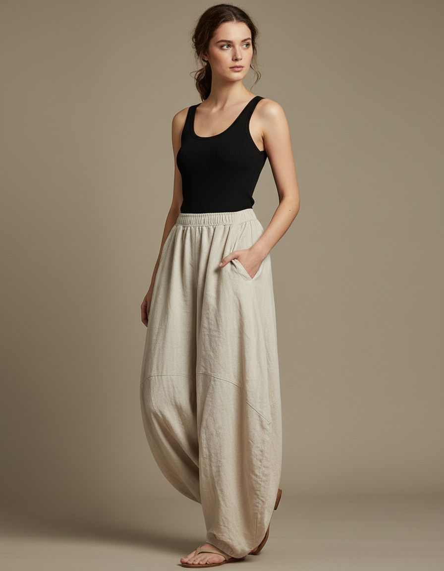 Pantalon Fluide Beige Coton Lin Ample Décontracté Yoga
