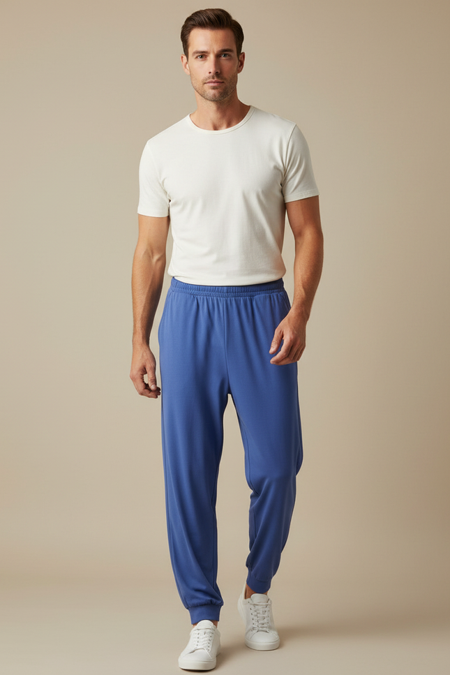 Pantalon Fluide Bleu Cordon Décontracté Homme Coton