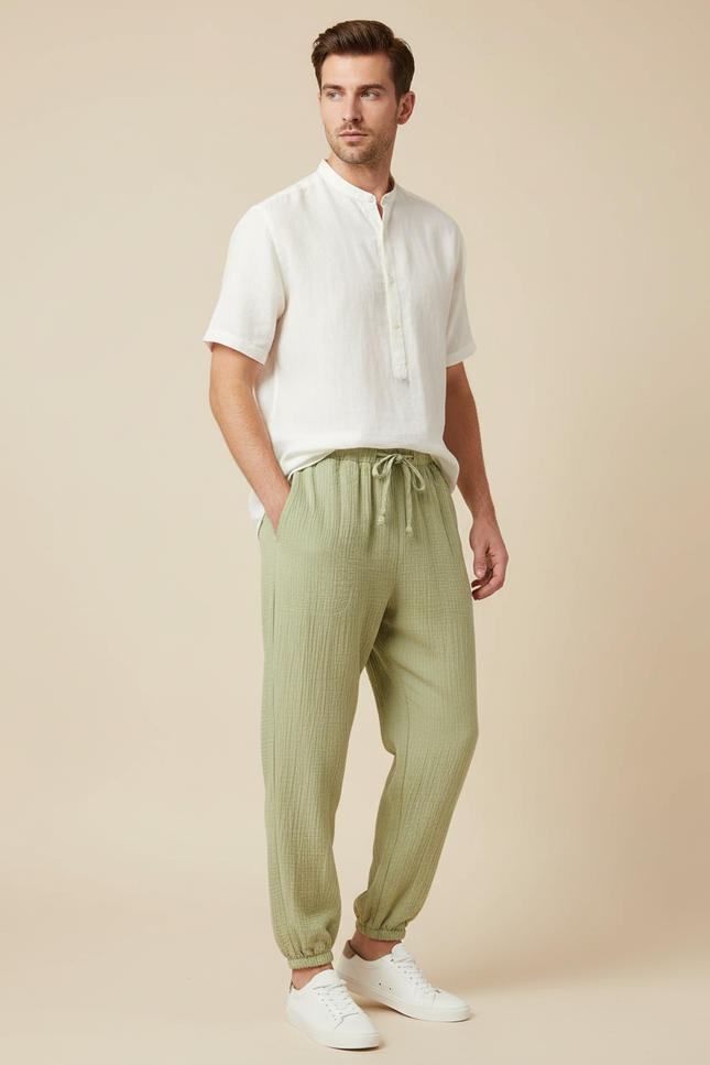 Pantalon Fluide Vert Coton Gaufré Décontracté Homme