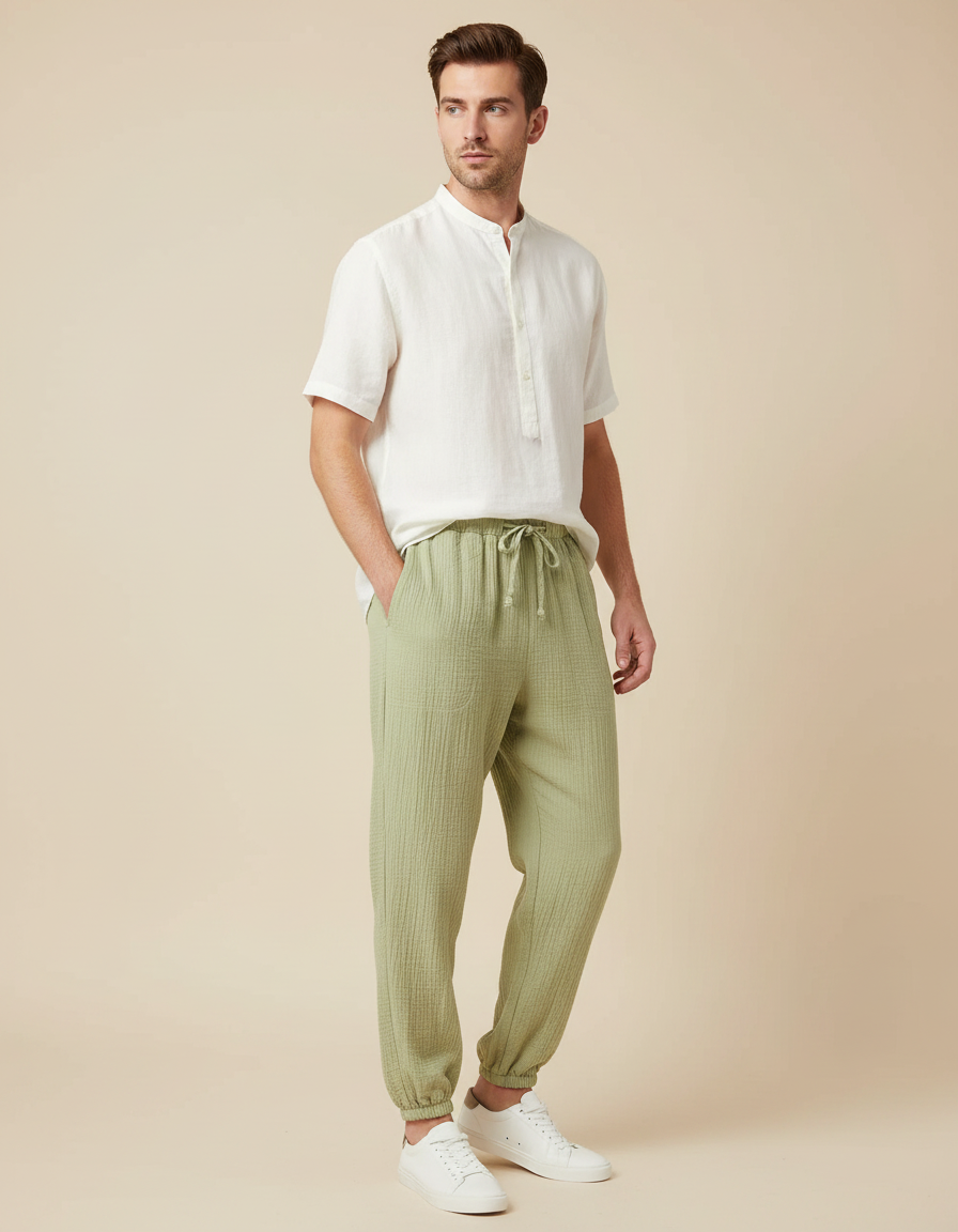 Pantalon Fluide Vert Coton Gaufré Décontracté Homme