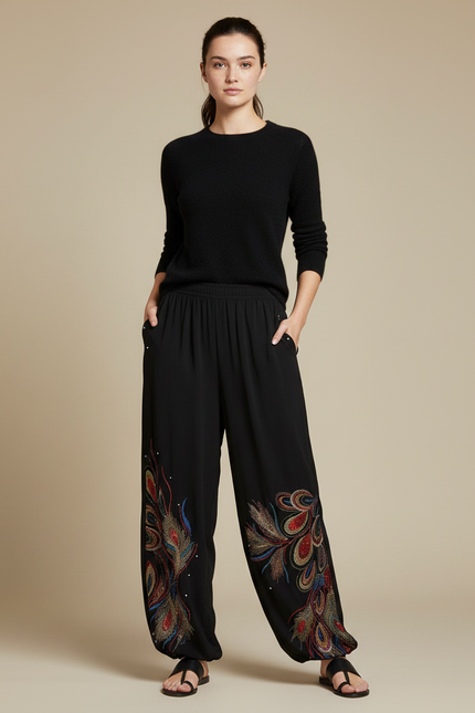 Pantalon Fluide Noir Ample Imprimé Paon Bohème Chic - Viscose