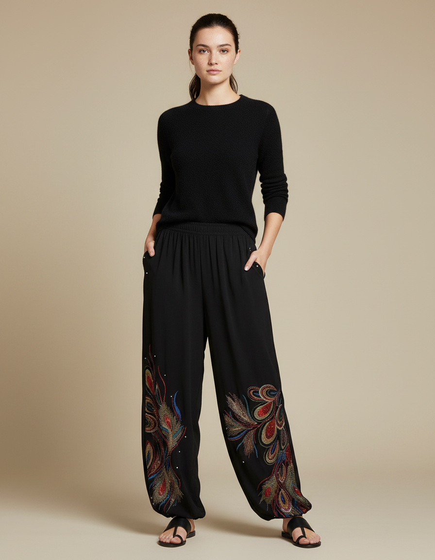 Pantalon Fluide Noir Ample Imprimé Paon Bohème Chic - Viscose