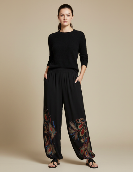 Pantalon Fluide Noir Ample Imprimé Paon Bohème Chic - Viscose