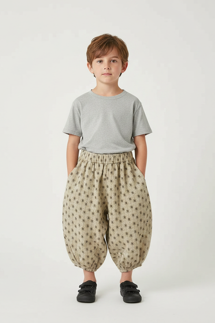 Pantalon Fluide Beige Imprimé Floral Bouffant Coton Enfants