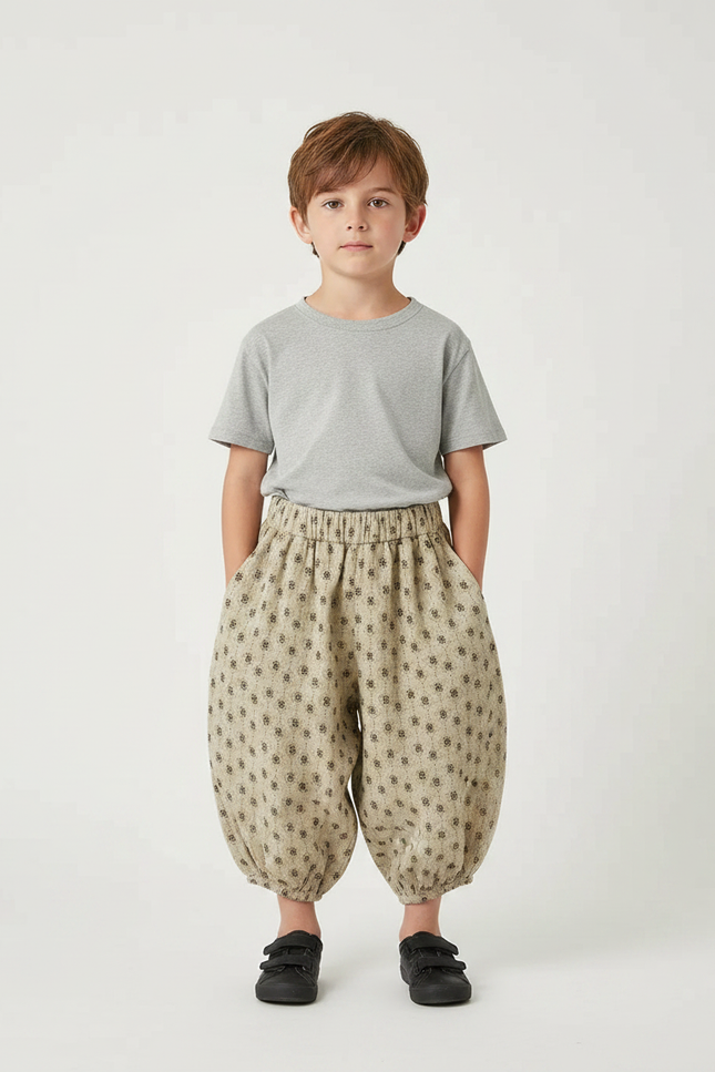Pantalon Fluide Beige Imprimé Floral Bouffant Coton Enfants
