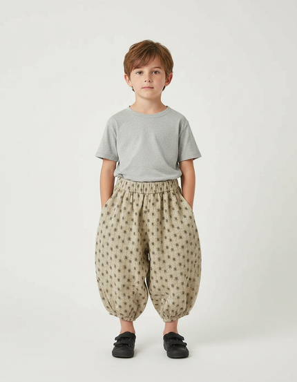 Pantalon Fluide Beige Imprimé Floral Bouffant Coton Enfants