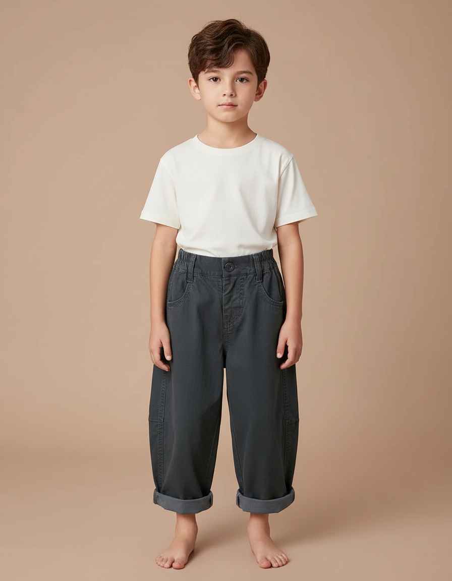 Pantalon Fluide Garçon Gris Coupe Ample Coton - Toile