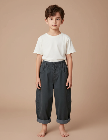 Pantalon Fluide Garçon Gris Coupe Ample Coton - Toile