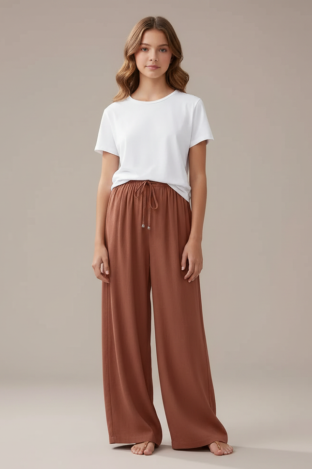 Pantalon Fluide Marron Ample Lin Décontracté Cordon