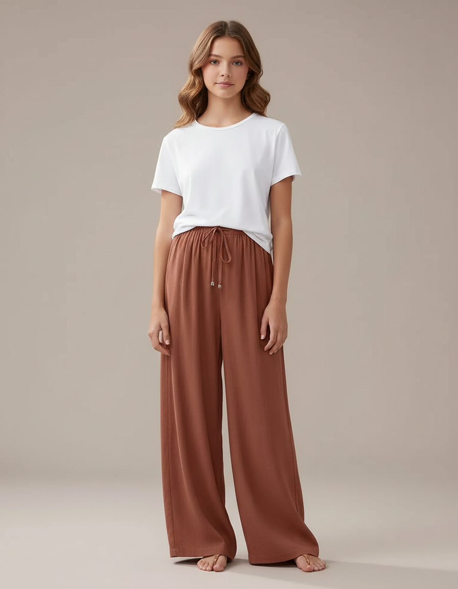Pantalon Fluide Marron Ample Lin Décontracté Cordon