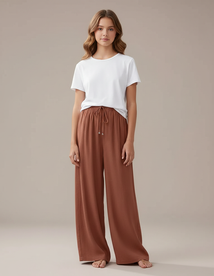 Pantalon Fluide Marron Ample Lin Décontracté Cordon