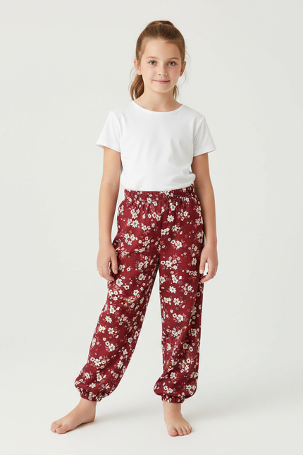 Pantalon Fluide Fille Fleuri Rouge Ample Confortable - Bordeaux Viscose