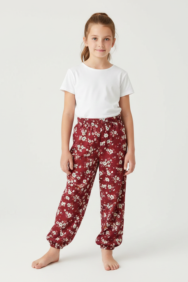 Pantalon Fluide Fille Fleuri Rouge Ample Confortable - Bordeaux Viscose