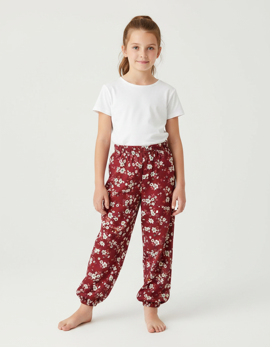 Pantalon Fluide Fille Fleuri Rouge Ample Confortable - Bordeaux Viscose