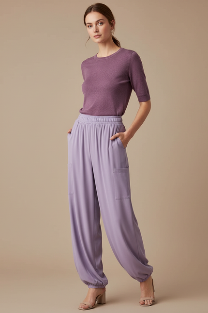 Pantalon Fluide Lilas Ample Élastiqué Cargo Femme - Violet Viscose