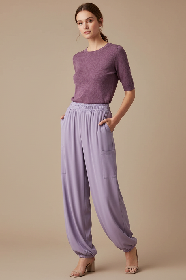 Pantalon Fluide Lilas Ample Élastiqué Cargo Femme - Violet Viscose