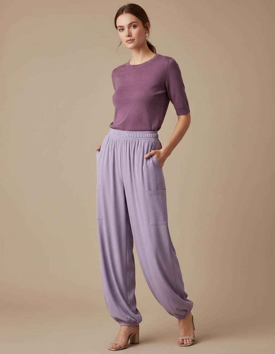 Pantalon Fluide Lilas Ample Élastiqué Cargo Femme - Violet Viscose
