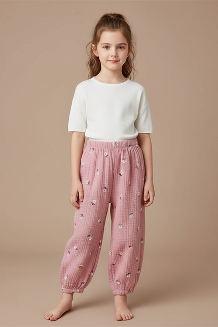 Pantalon Fluide Rose Mousseline Ample Brodé Enfants - Coton