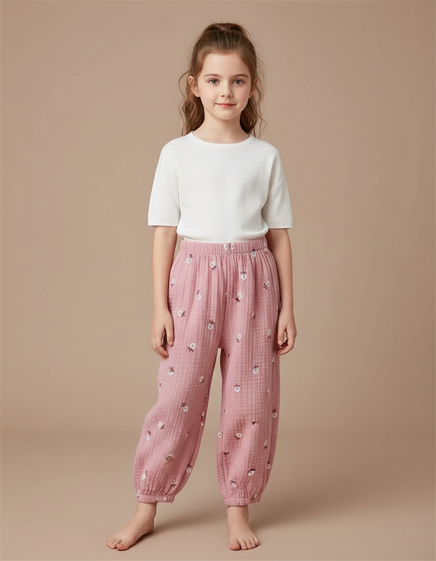 Pantalon Fluide Rose Mousseline Ample Brodé Enfants - Coton
