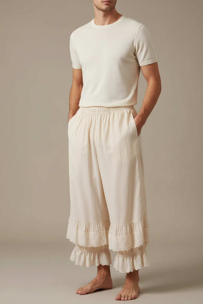 Pantalon Fluide Écru Ample Dentelle Coton Décontracté - Beige