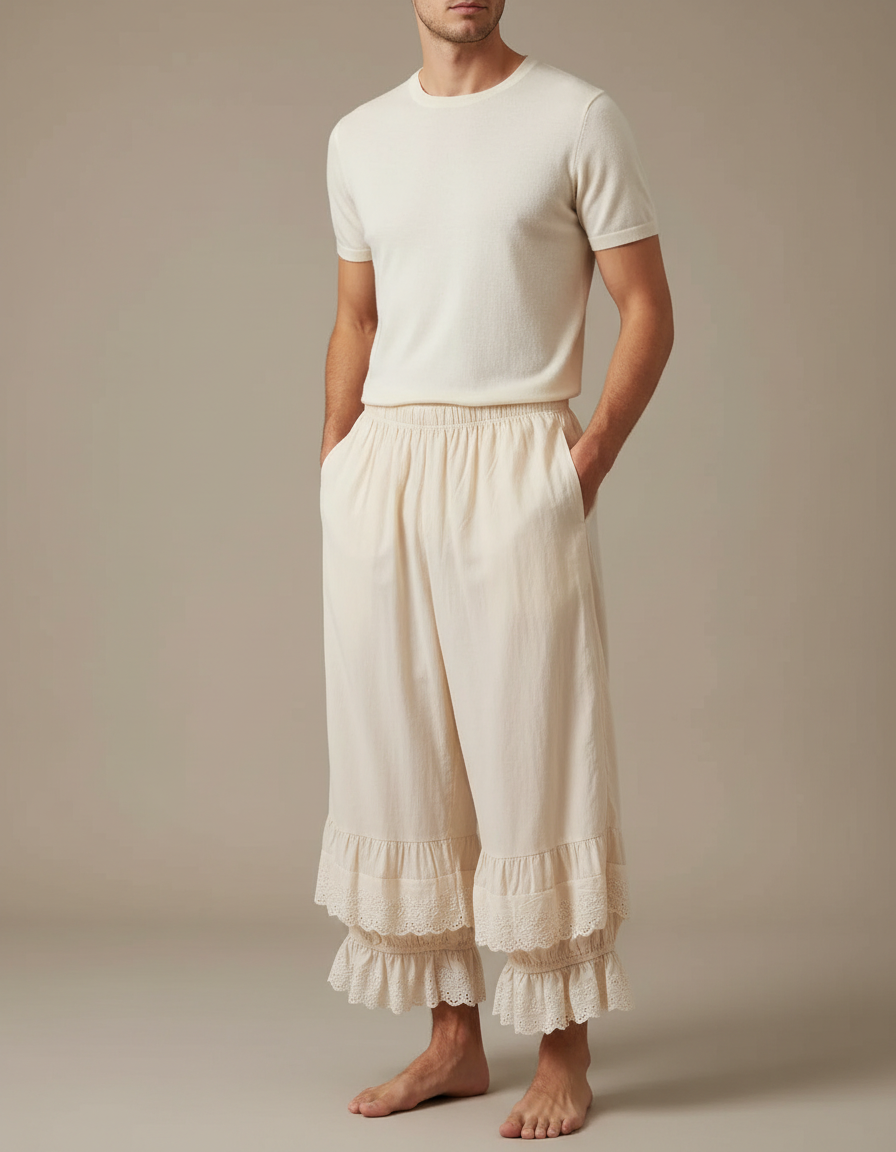 Pantalon Fluide Écru Ample Dentelle Coton Décontracté - Beige
