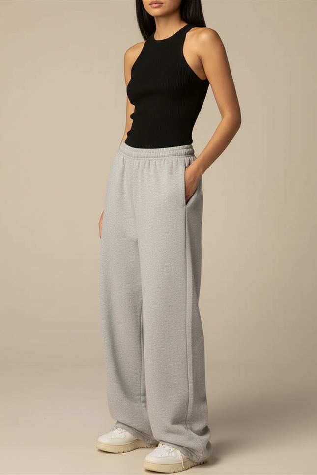 Pantalon Fluide Femme Gris Palazzo Coton Mi-saison - Molleton