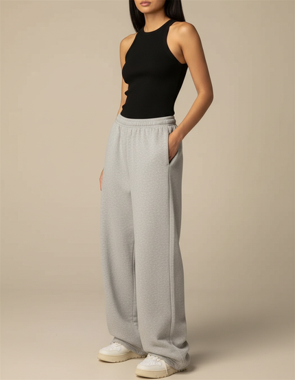 Pantalon Fluide Femme Gris Palazzo Coton Mi-saison - Molleton