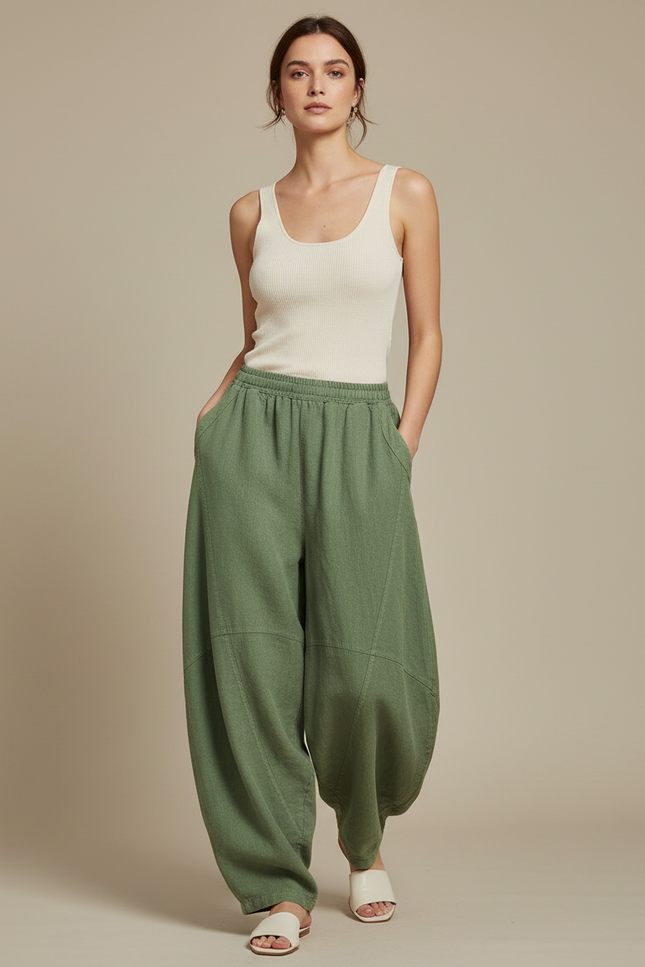 Pantalon Fluide Vert Ample Coton Lin Décontracté - Kaki