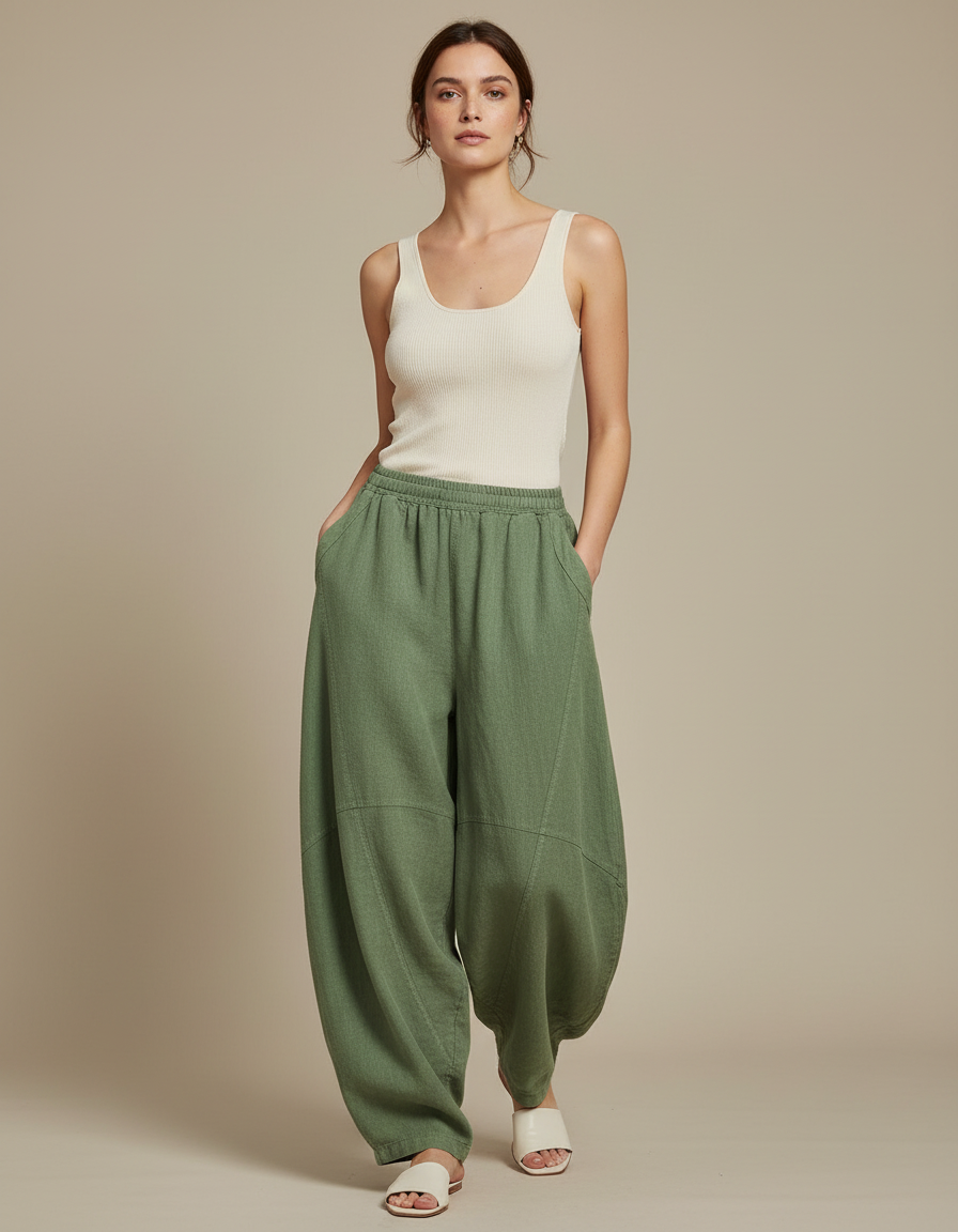 Pantalon Fluide Vert Ample Coton Lin Décontracté - Kaki