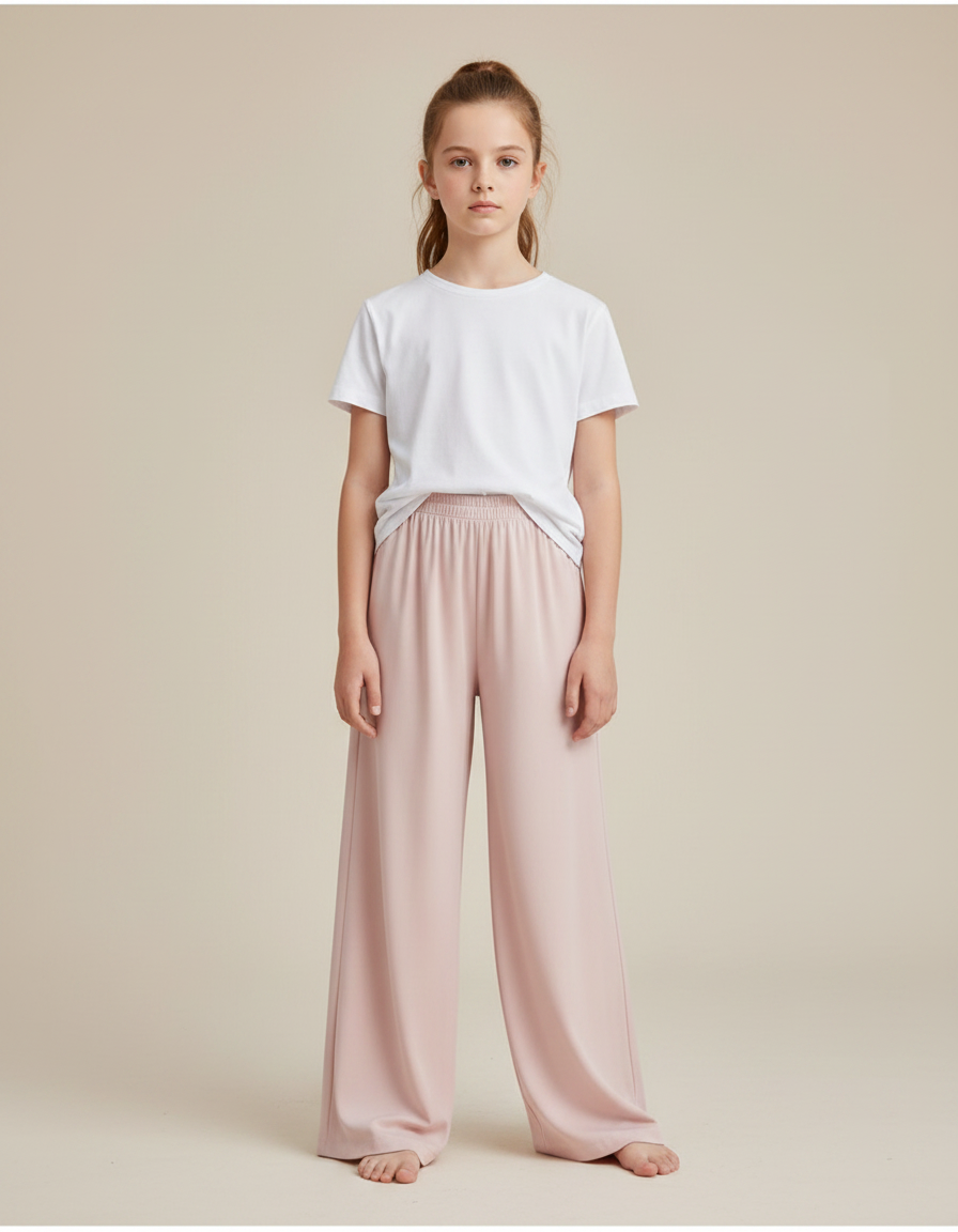Pantalon Fluide Rose Pâle Ample Satiné Fille Confortable