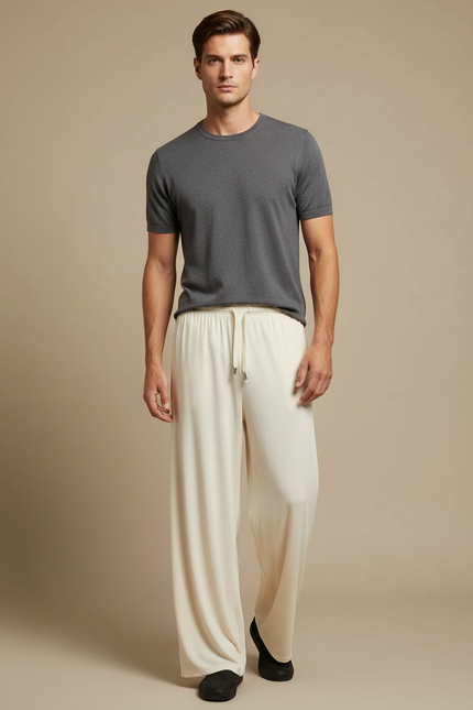 Pantalon Fluide Écru Ample Texturé Cordon Décontracté Homme - Beige Maille