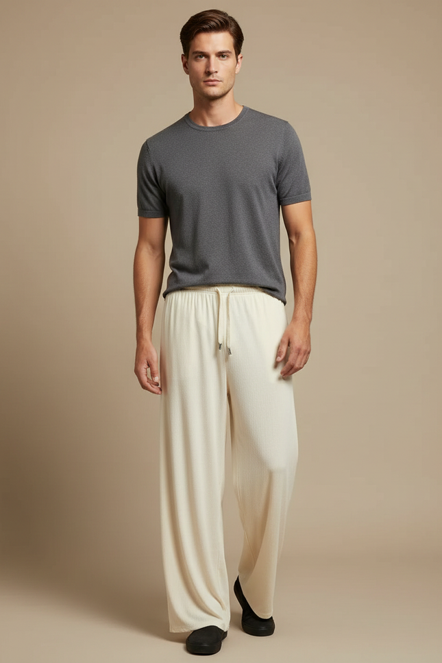 Pantalon Fluide Écru Ample Texturé Cordon Décontracté Homme - Beige Maille