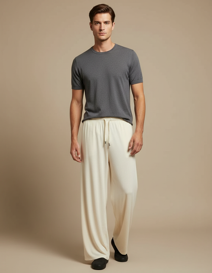 Pantalon Fluide Écru Ample Texturé Cordon Décontracté Homme - Beige Maille