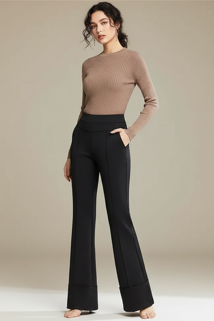 Pantalon Fluide Évasé Noir Taille Haute Élégant - Polyester