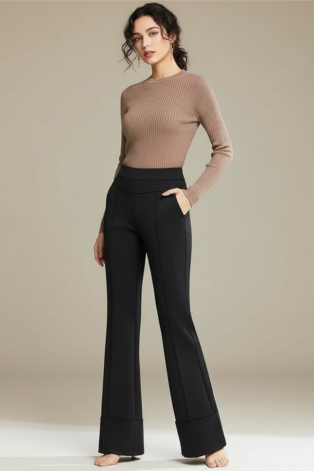 Pantalon Fluide Évasé Noir Taille Haute Élégant - Polyester