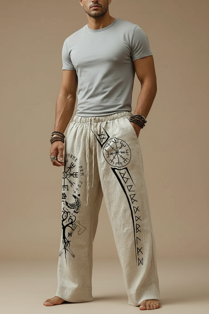 Pantalon Fluide Beige Coton Lin Ample Imprimé Viking Homme