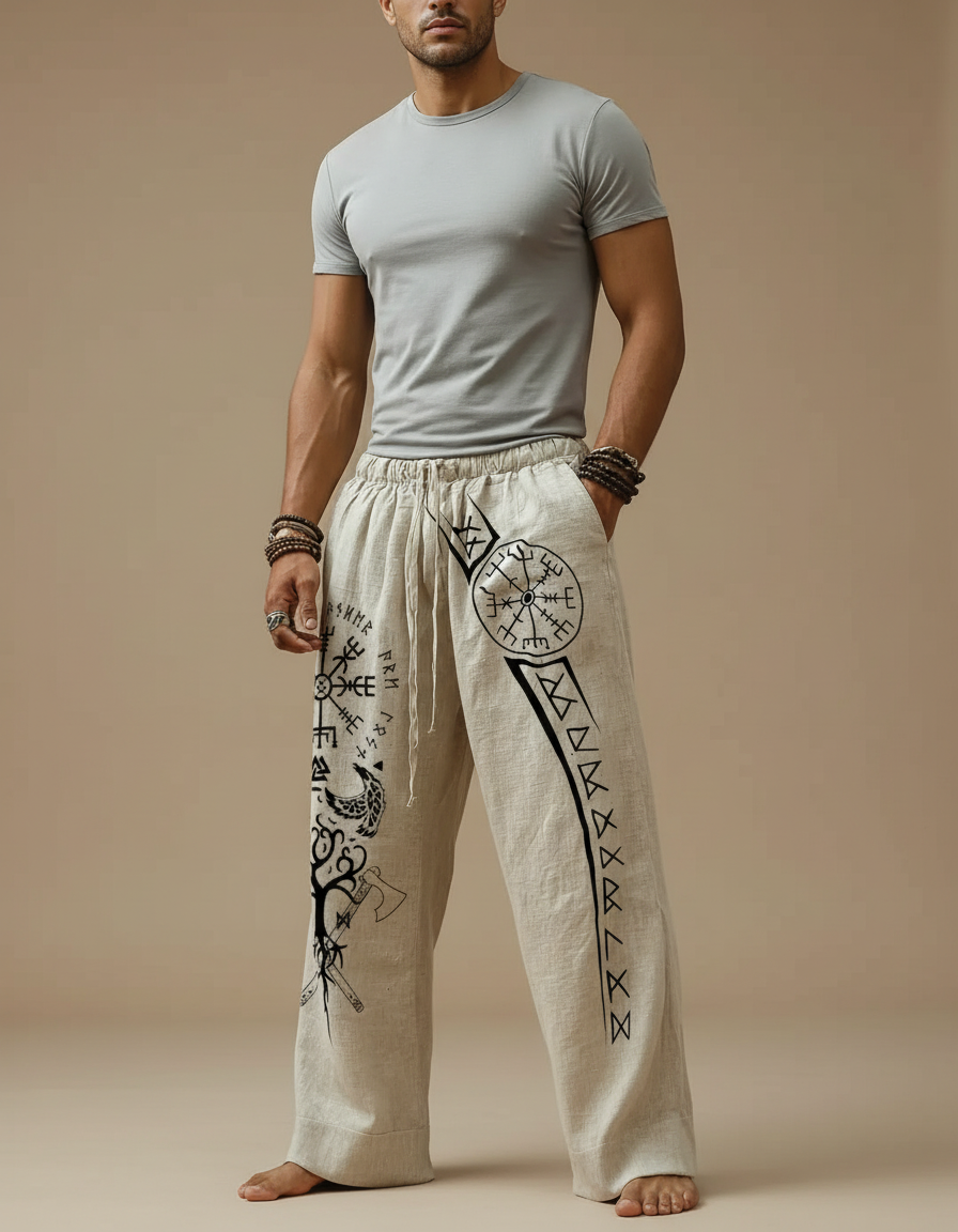 Pantalon Fluide Beige Coton Lin Ample Imprimé Viking Homme