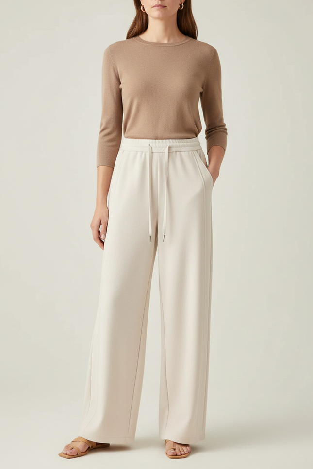 Pantalon Fluide Écru Ample Cordon Décontracté Femme - Beige Molleton