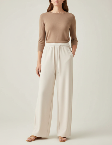 Pantalon Fluide Écru Ample Cordon Décontracté Femme - Beige Molleton