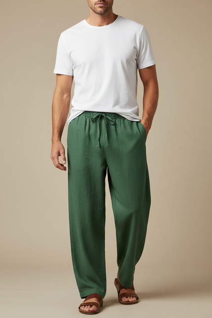 Pantalon Fluide Vert Lin Ample Décontracté Homme