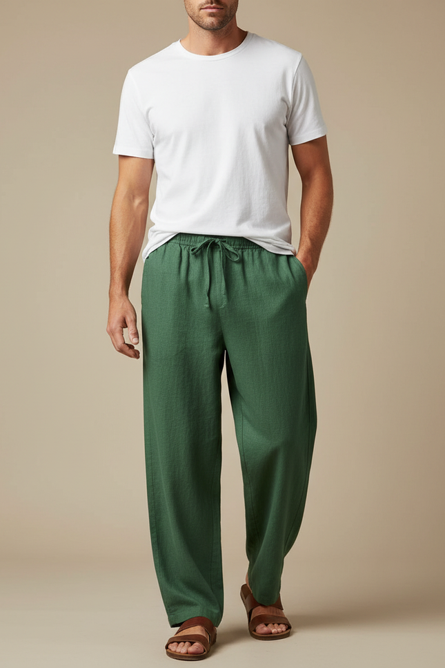 Pantalon Fluide Vert Lin Ample Décontracté Homme