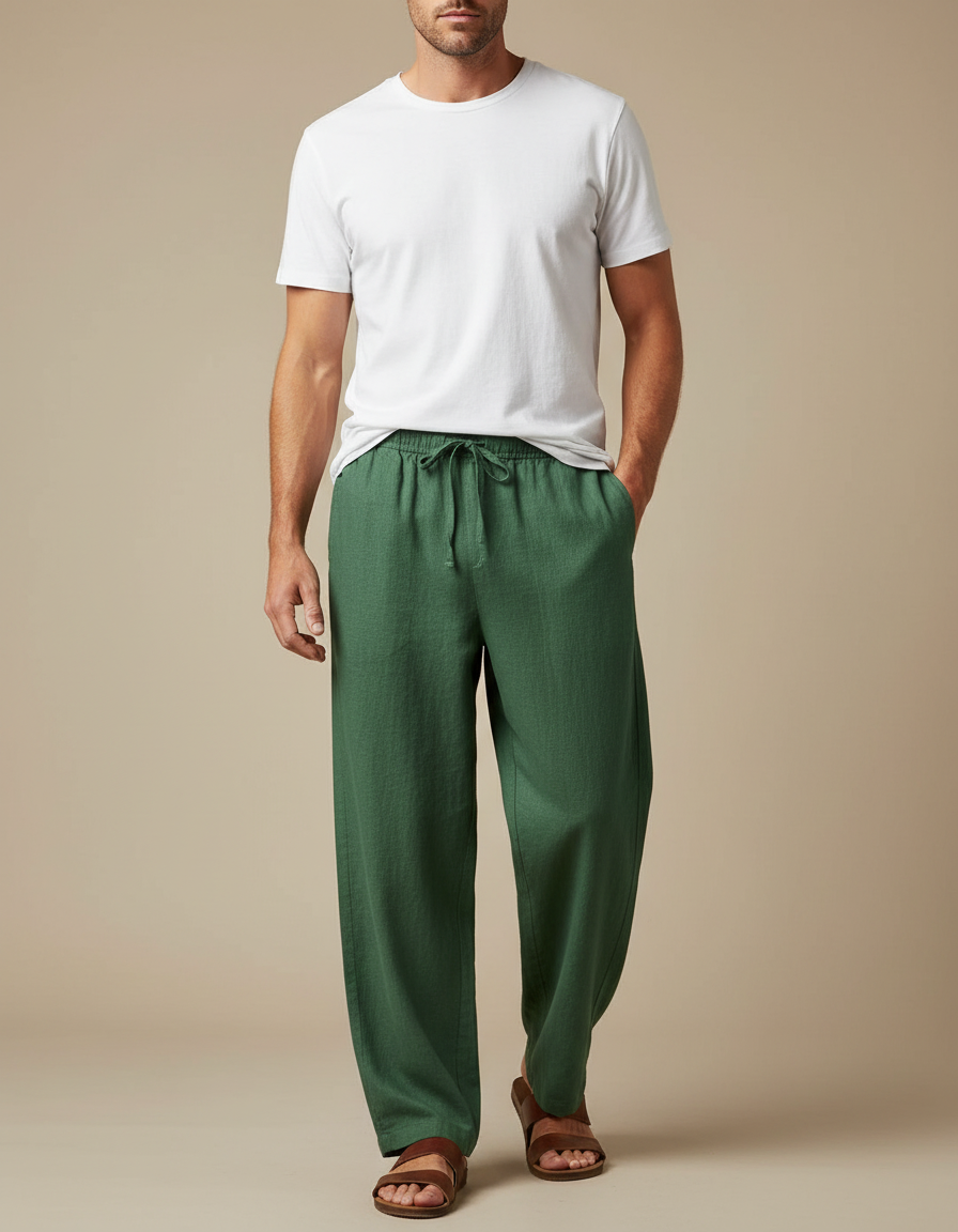 Pantalon Fluide Vert Lin Ample Décontracté Homme