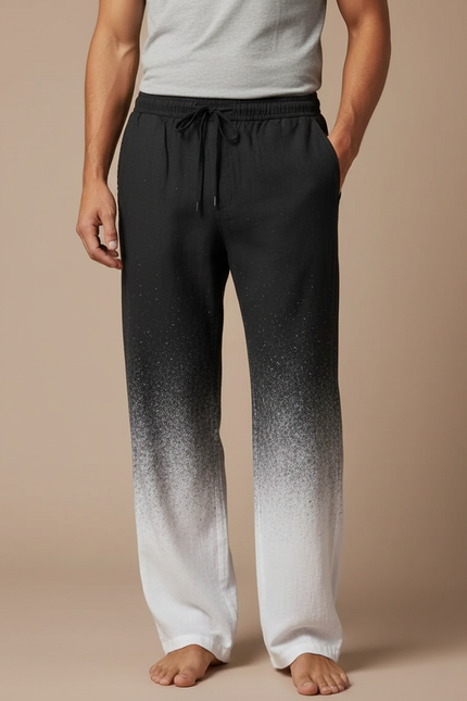 Pantalon Fluide Noir Dégradé Blanc Ample Cordon Homme - Multicolore Lin