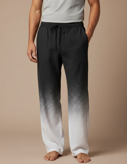Pantalon Fluide Noir Dégradé Blanc Ample Cordon Homme - Multicolore Lin
