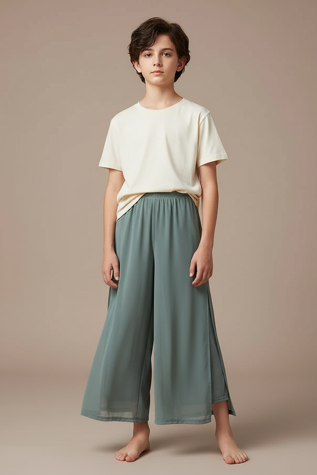 Pantalon Fluide Vert Ample Maille Fendu Léger
