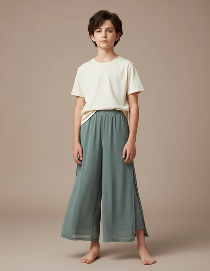 Pantalon Fluide Vert Ample Maille Fendu Léger